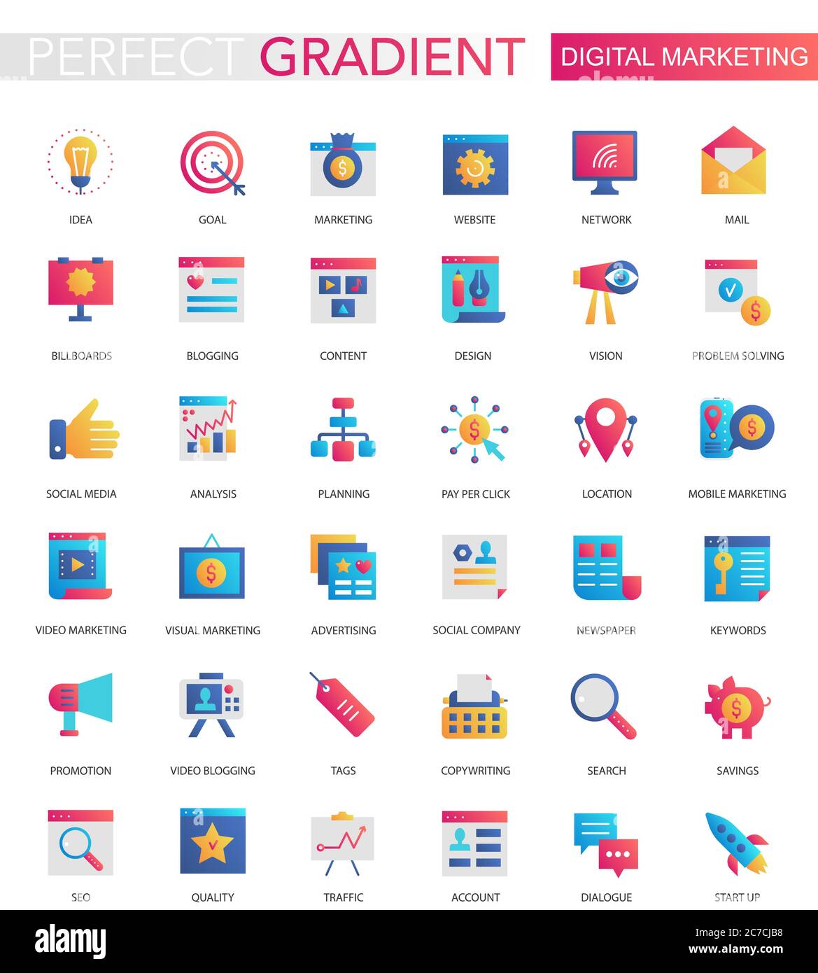 Vector set of trendy flat gradient Digital internet social media marketing icons Stock Vector