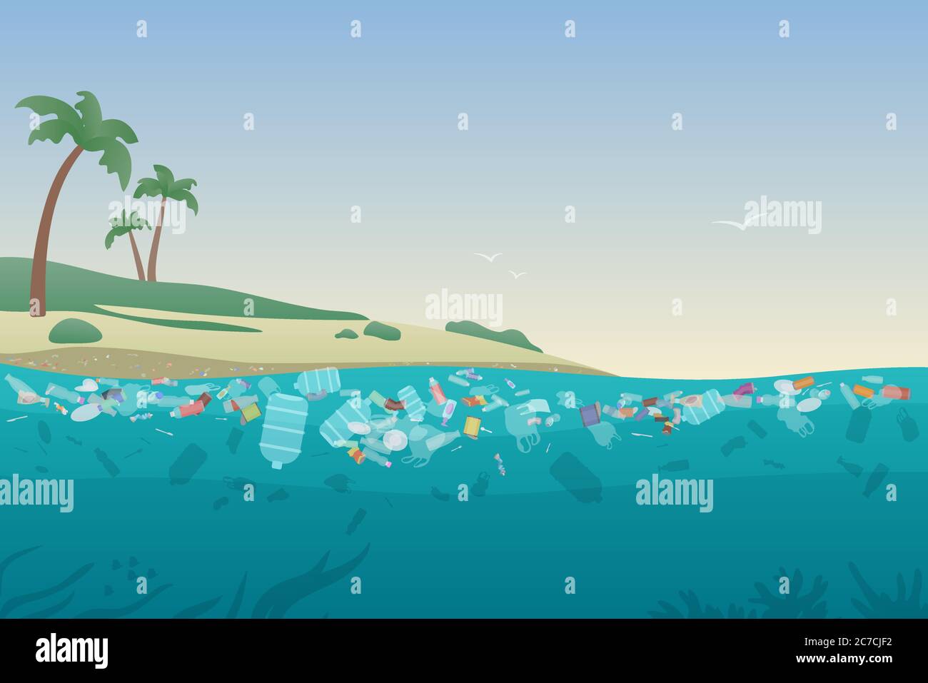 Sea garbage in polluted water. Dirty ocean beach with trash and plastic on sand and under water surface vector illustration concept Stock Vector