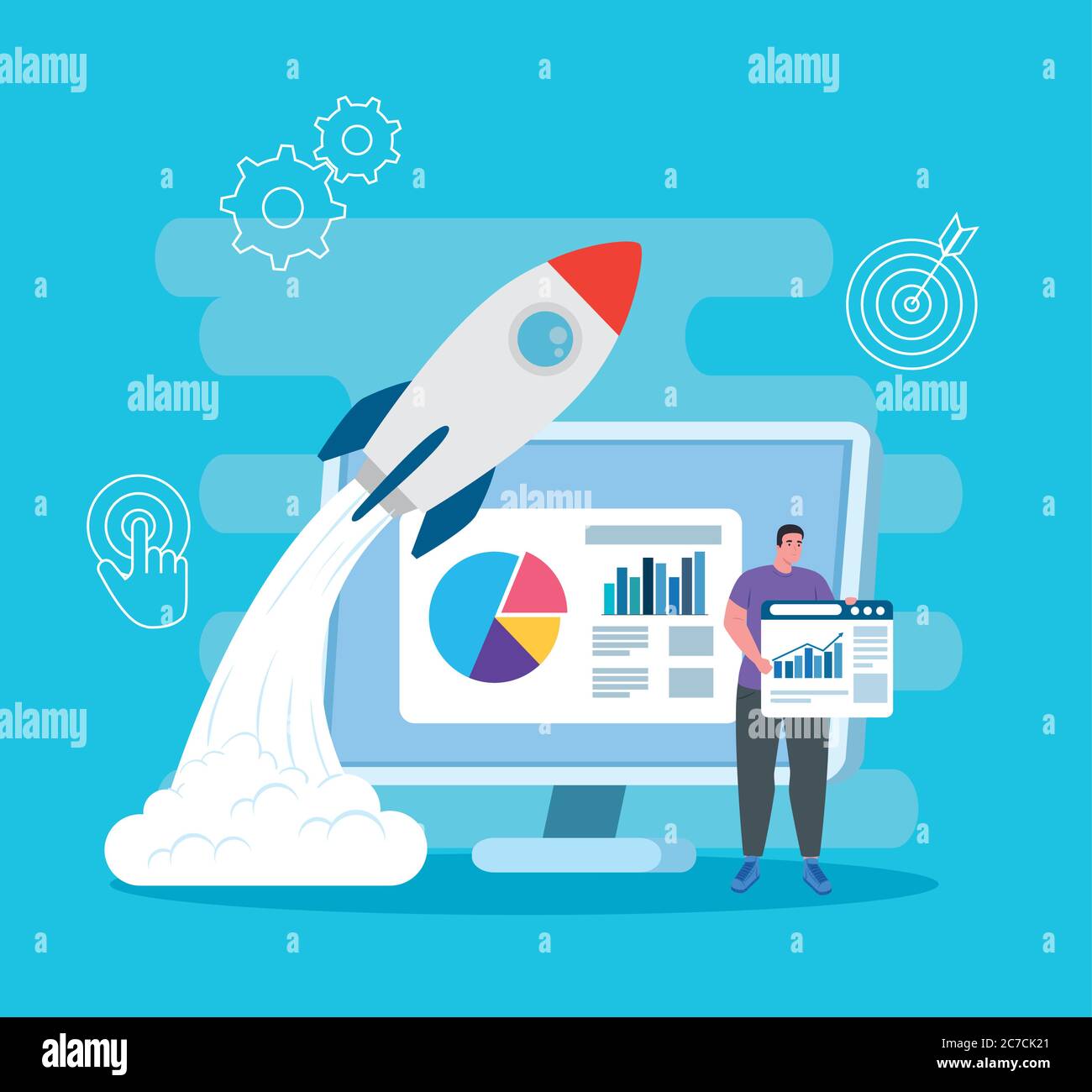 Man with start up rocket and computer vector design Stock Vector Image ...