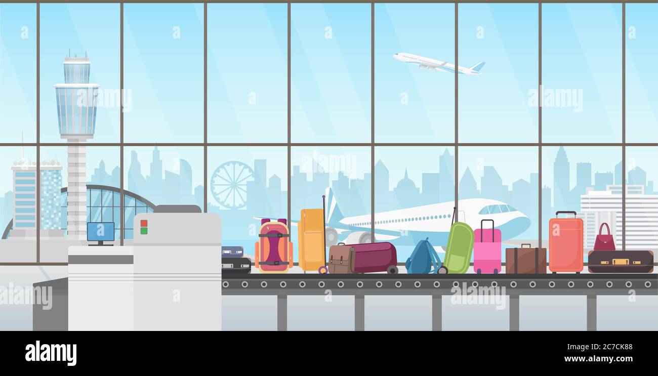 Conveyor belt in modern airport hall. Baggage claim cartoon vector