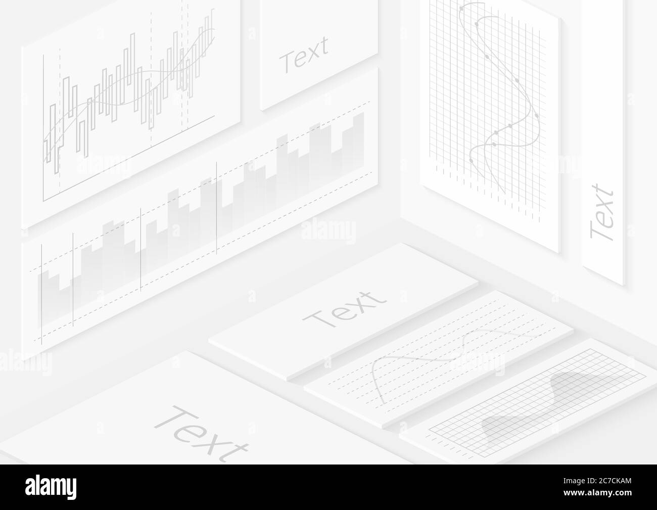 Isometric realistic white wall infographics elements. Vector illustrations of modern grey charts, graph for website, flyer, corporate report, presentation, advertising, marketing Stock Vector