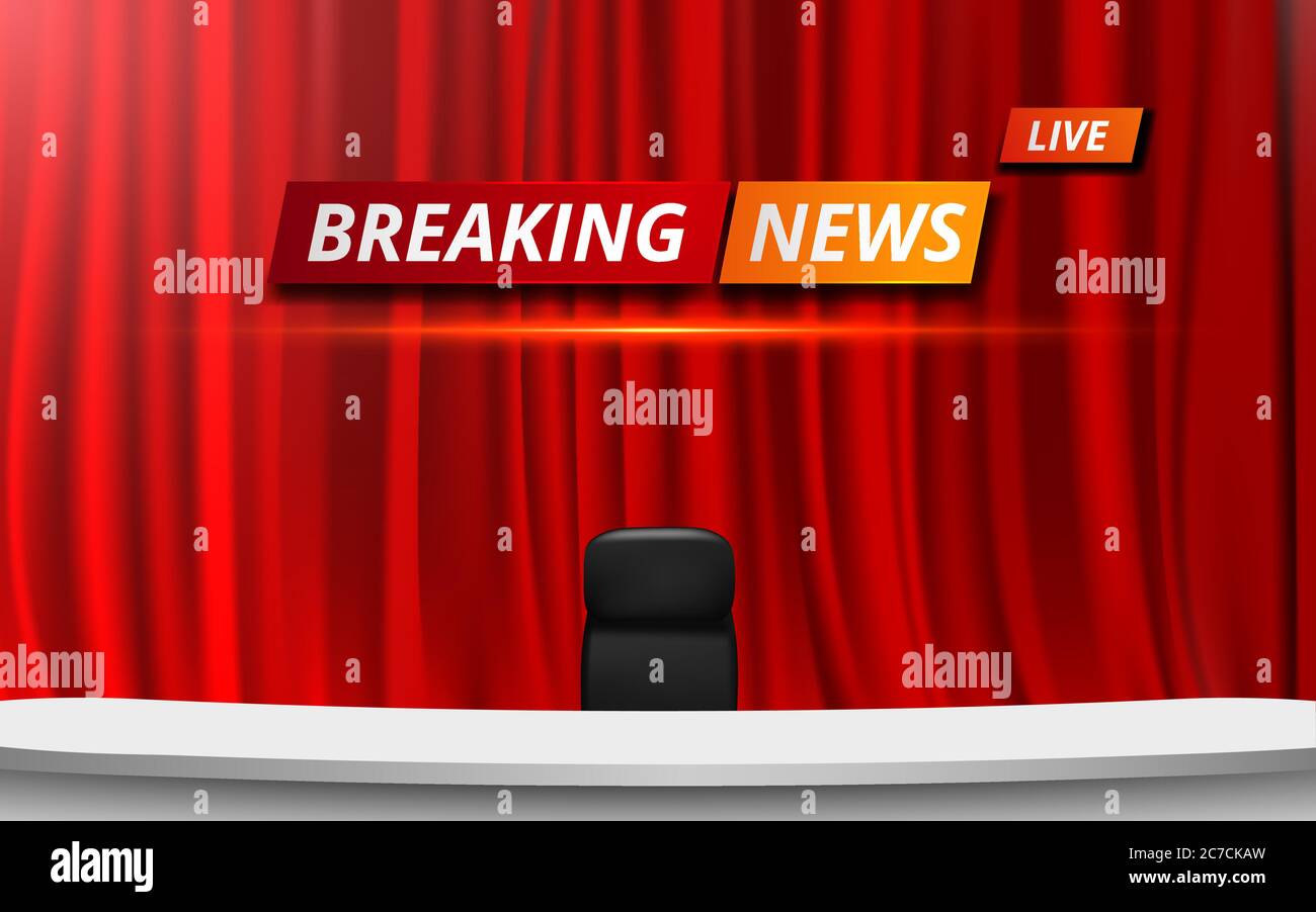 White Table And Chair With Breaking News Live On Red Curtain In Lcd Background In The News Studio Room Stock Vector Image Art Alamy