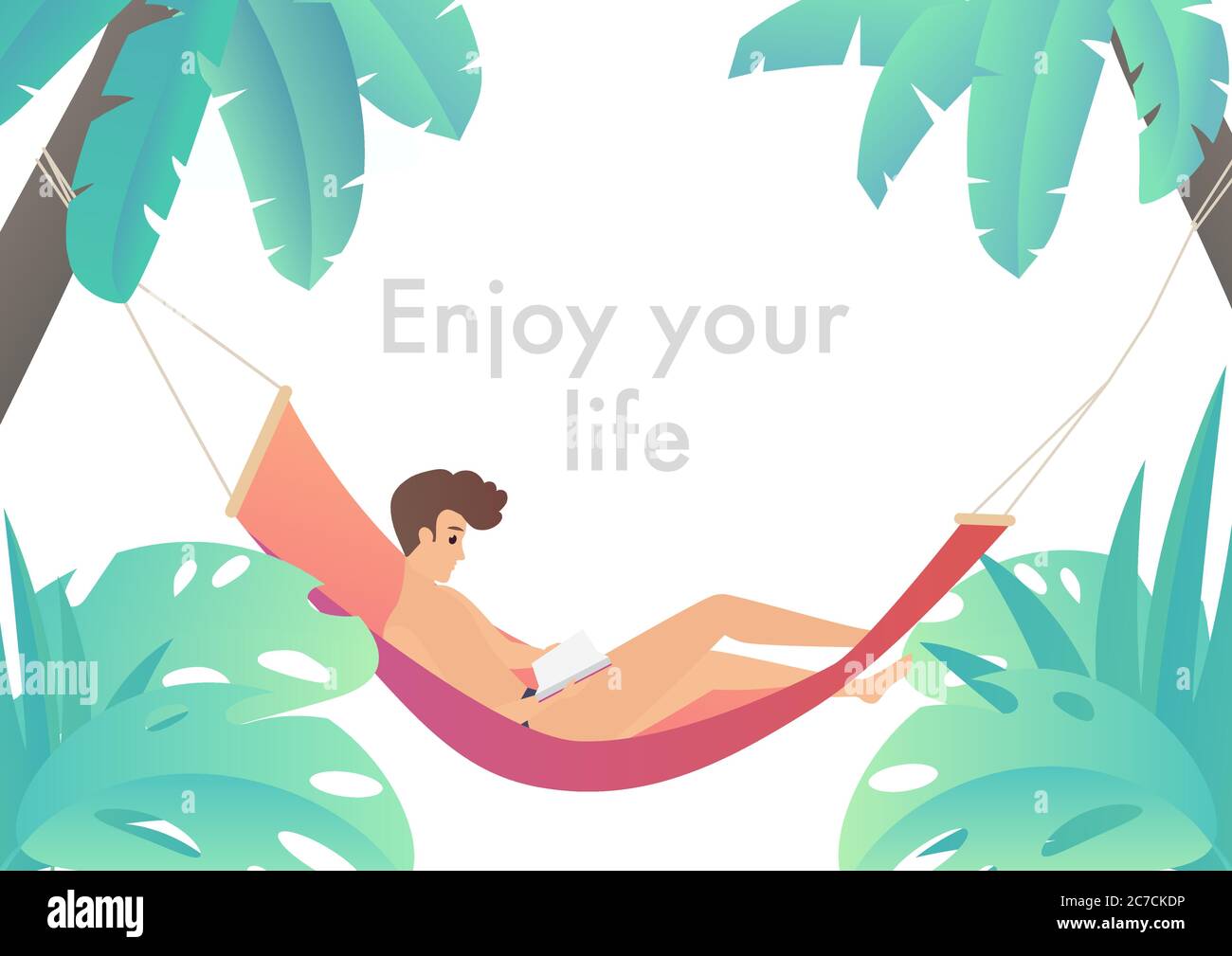 Man at beach hammock reading book and relaxing vector illustration Stock Vector