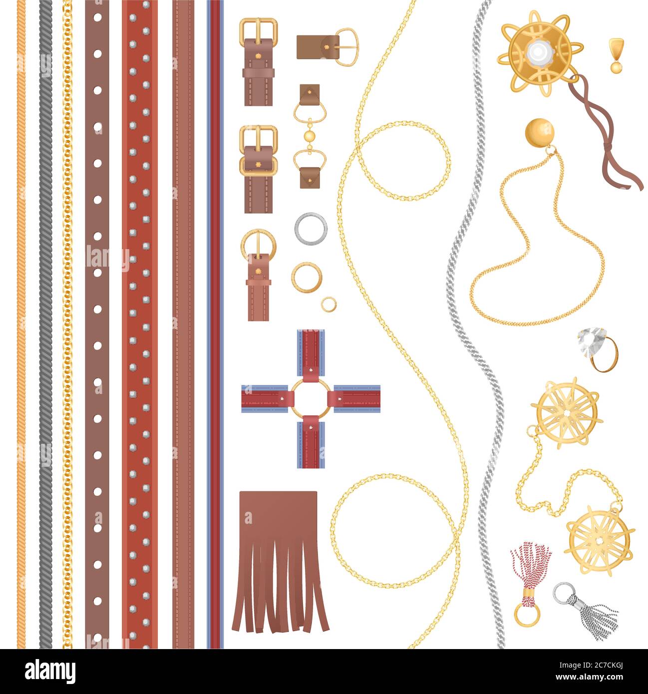 Set of the leather belt, earings, necklace, rings, chain and other luxury design accessories vector illustration Stock Vector