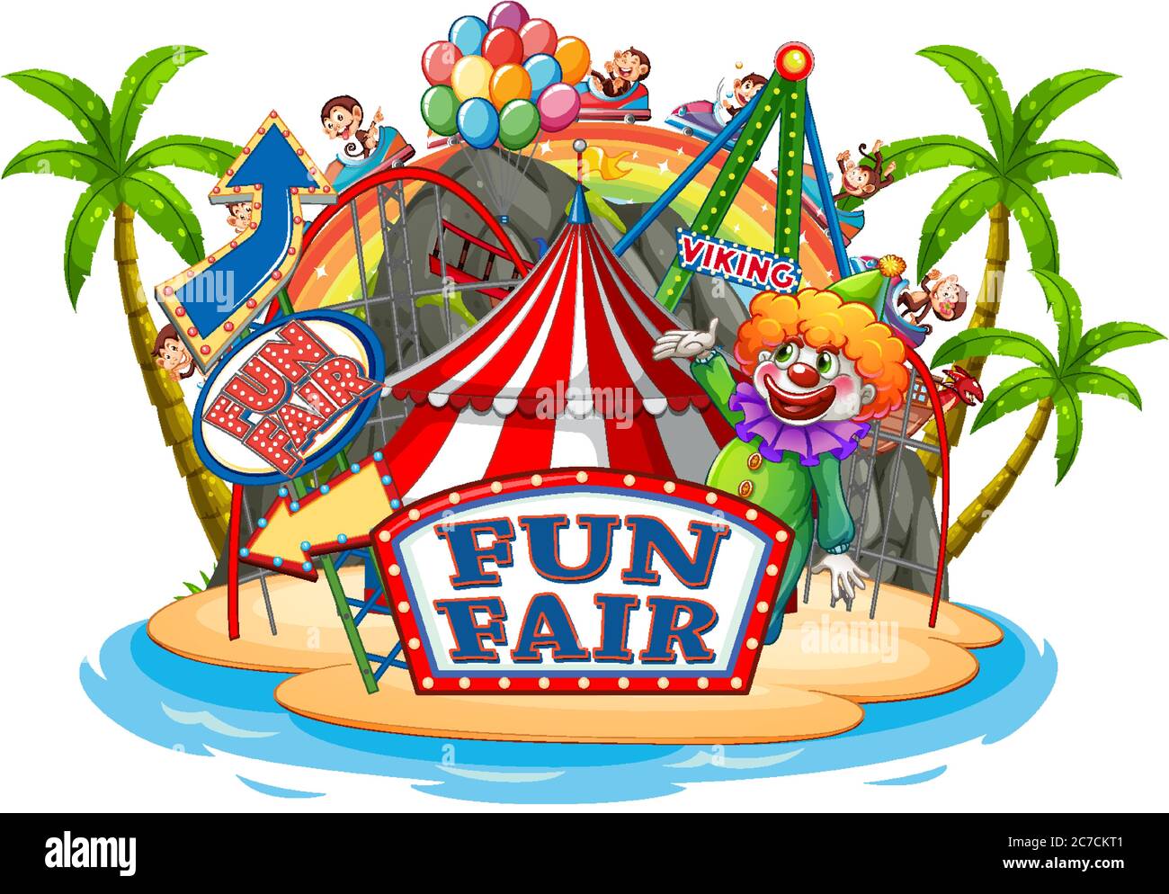 Scene with monkeys and circus clown on white background illustration ...