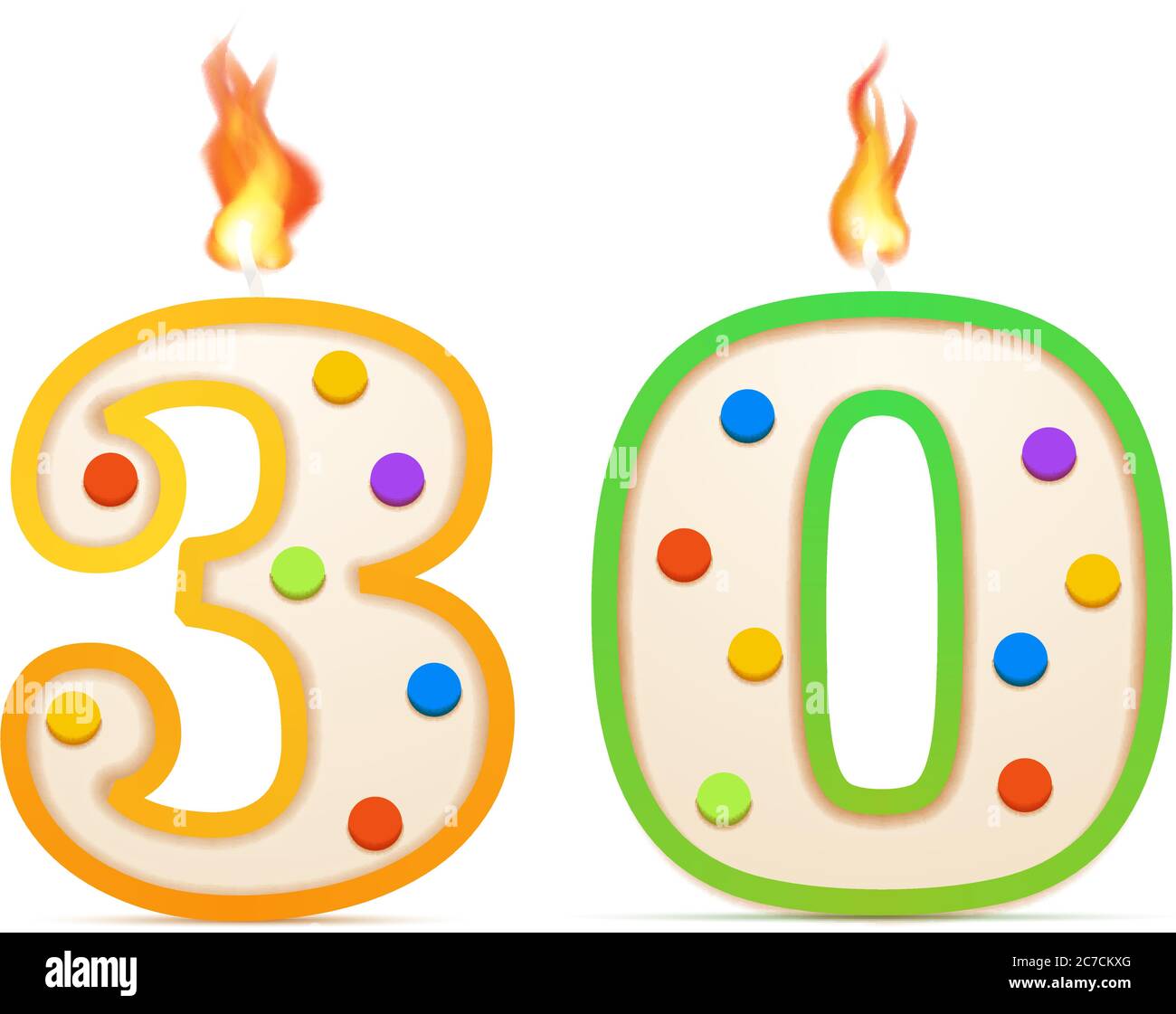 Thirty years anniversary, 30 number shaped birthday candle with fire on white Stock Vector