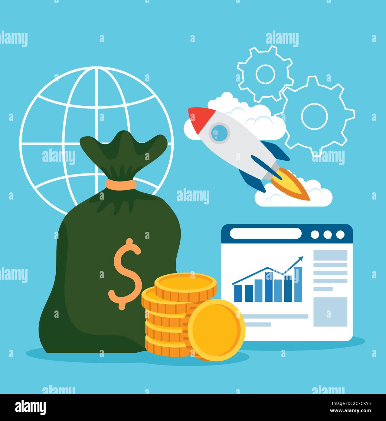 start up rocket money bag coins and website vector design Stock Vector ...
