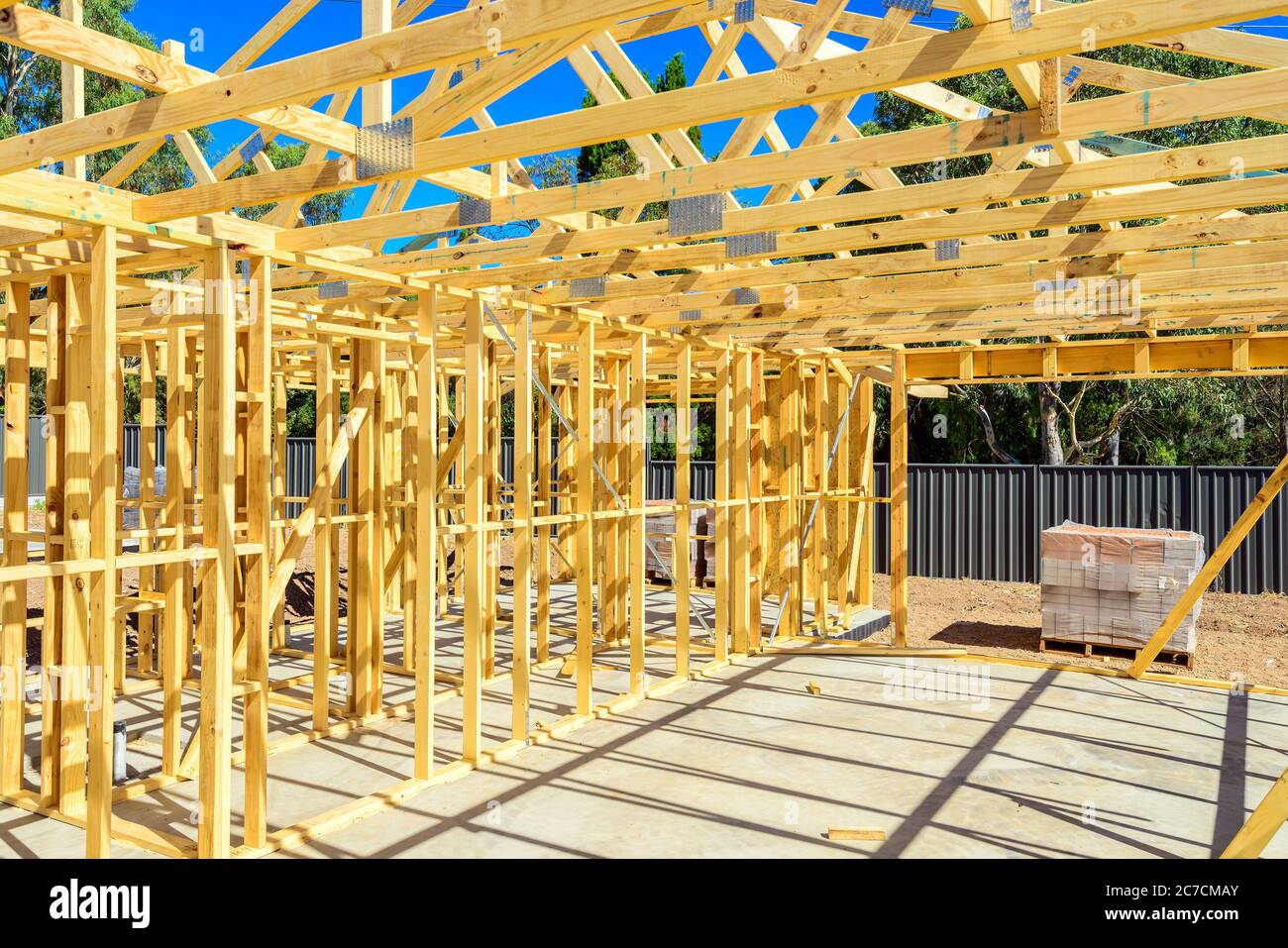 New Australian house construction site with timber frame installed and
