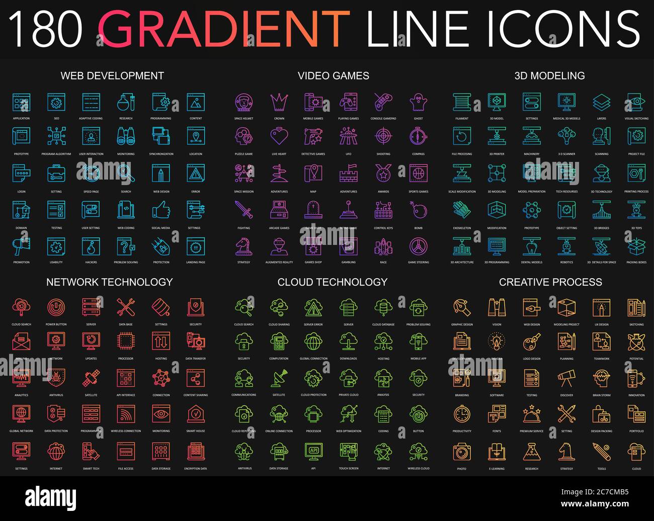 180 trendy gradient style thin line icons set of web development, video games, 3d modeling, network technology, cloud data technology, creative process isolated on black background Stock Vector