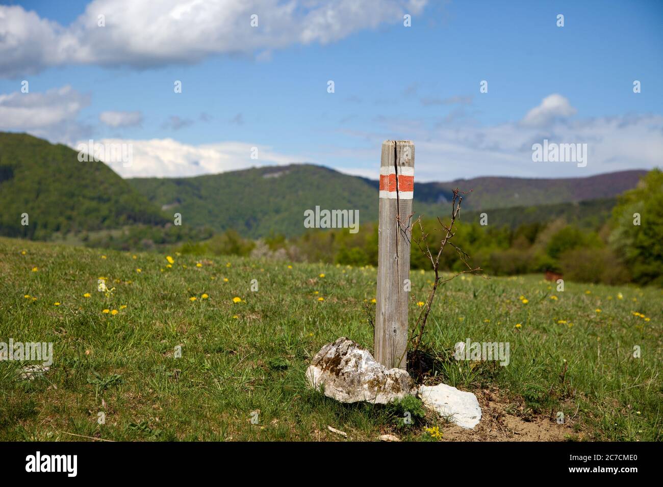 Main tourist sign in the Stražovské mountains in Slovakia. Road of Slovak national revolution. Stock Photo