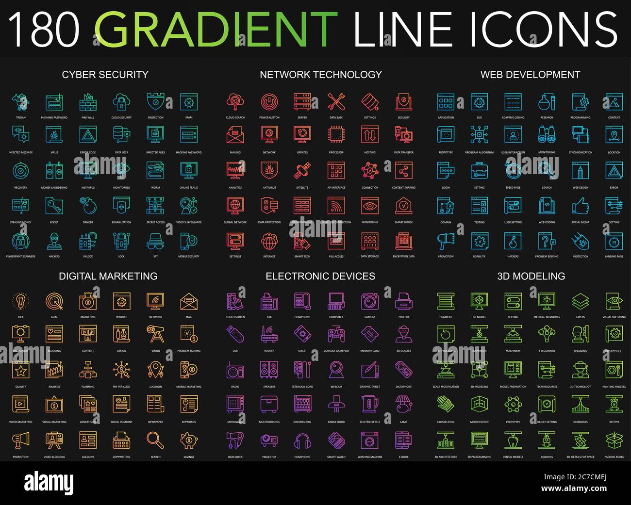 180 trendy gradient style thin line icons set of cyber security, network technology, web development, digital marketing, electronic devices, 3d modeling isolated on black background Stock Vector