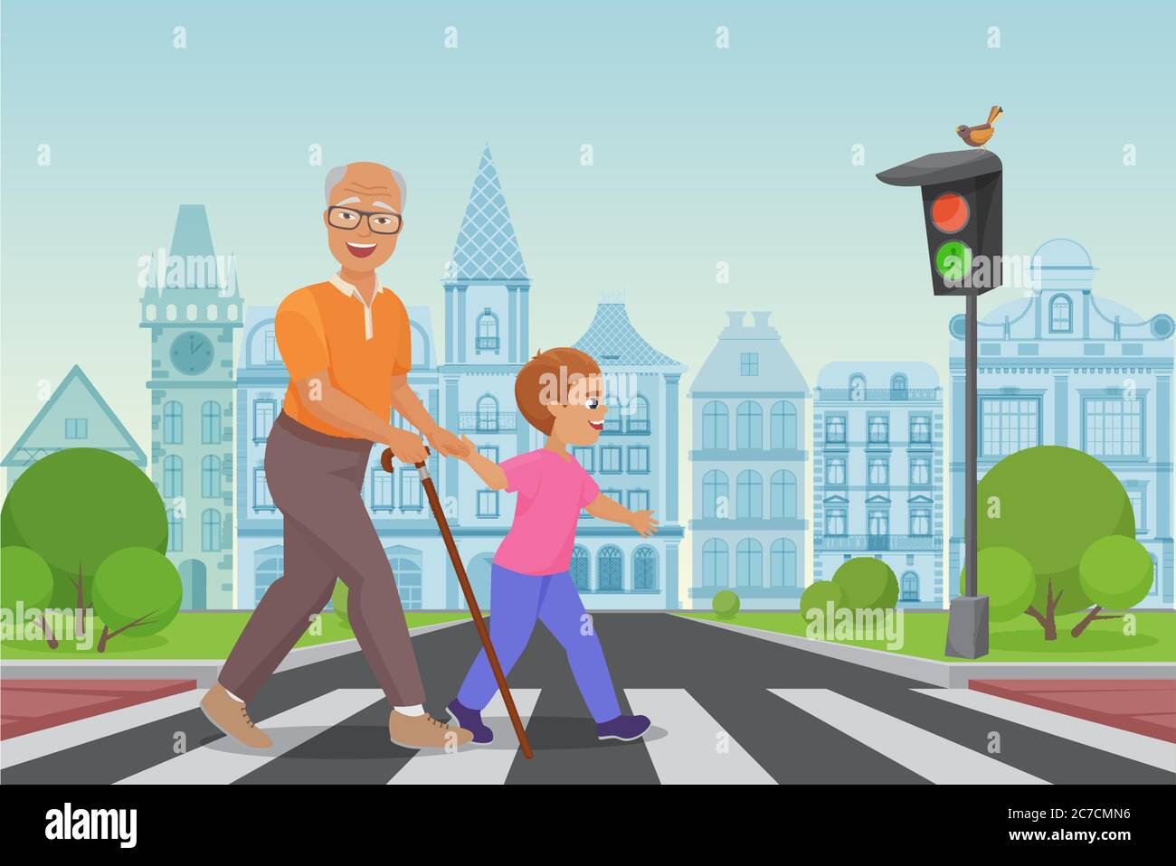 Helping old man. Little boy helps an old man to cross the road in city vector illustration Stock Vector