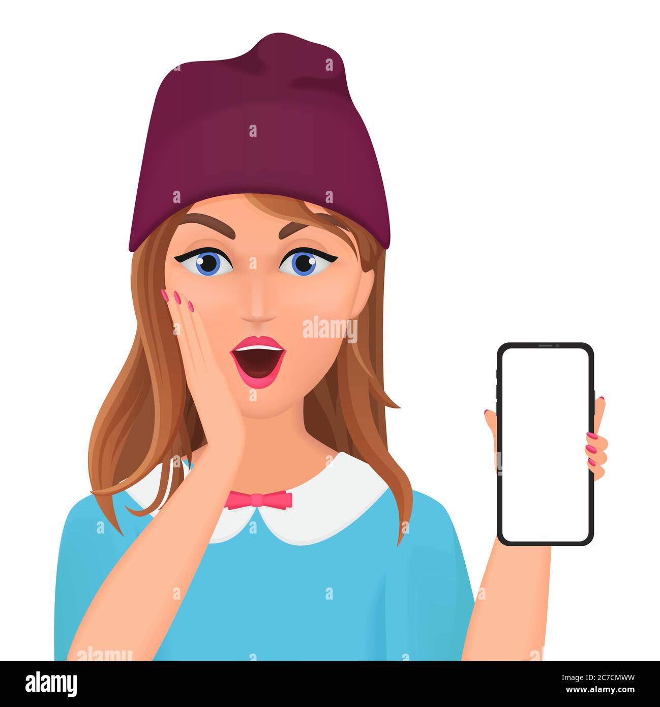 Cute surprised young female holding new smartphone isolated. Special for inserting any UI interface, advertisement, commercial or presentation volumetric cartoon vector illustration Stock Vector