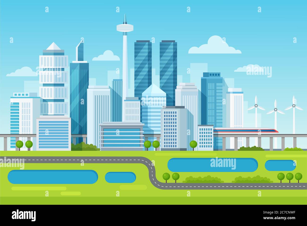 Urban modern cityscape landscape with high skyscrapers and subway ...
