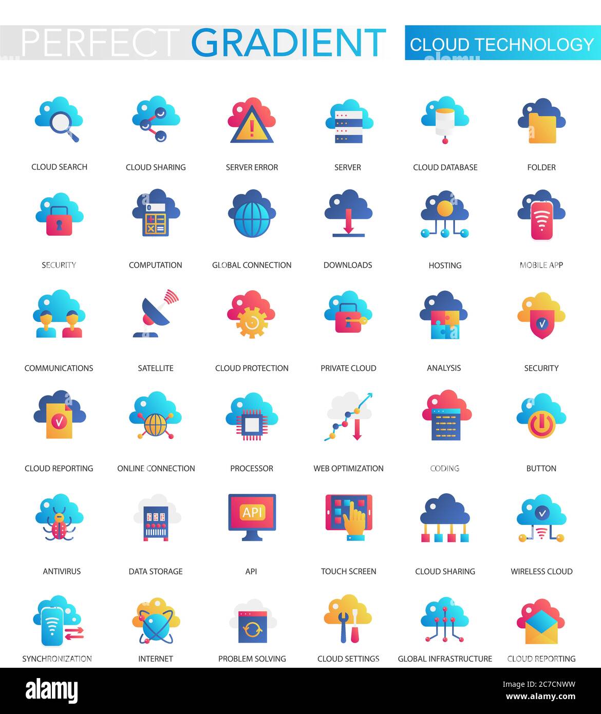 Vector set of trendy flat gradient of cloud, big data technology icons Stock Vector