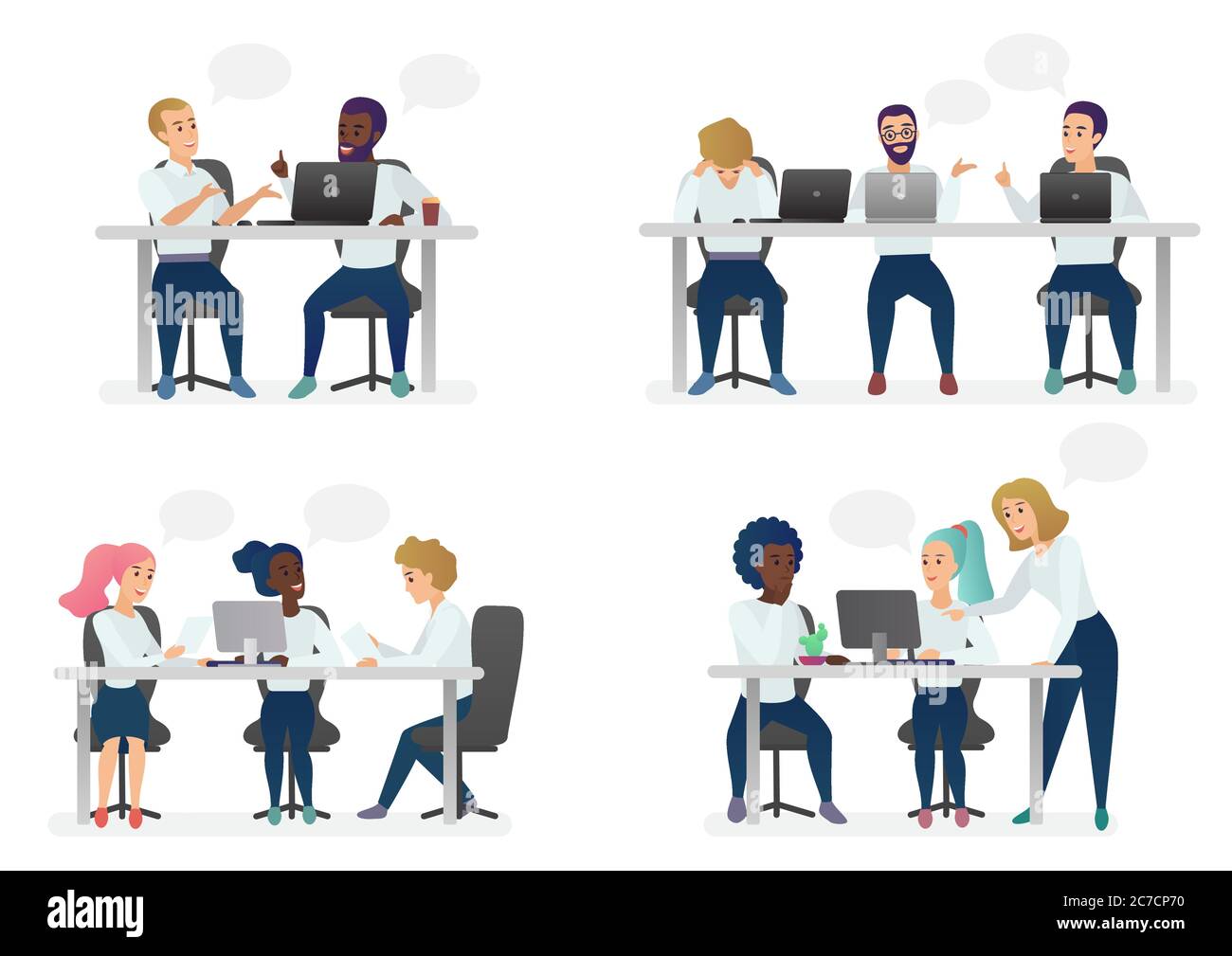 Men and women people sitting, working at desk and standing in modern office, working at computers and talking with colleagues. Coworking center teamwork cartoon vector illustration Stock Vector