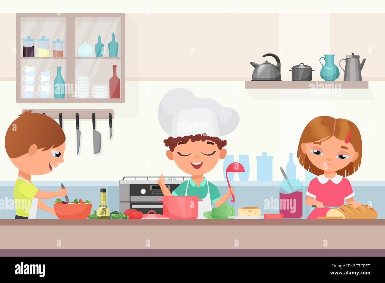 Happy little cute children kids cooking delicious food in the kitchen. Chef boy in a cooks cap holds a ladle cooking soup, girl cuts the baton, kid in an apron prepares salad vector illustration Stock Vector