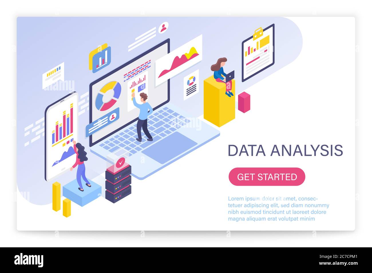 Data analysis process, big data concept 3d isometric vector illustration. People interacting with virtual screen charts and analyzing statistics Stock Vector