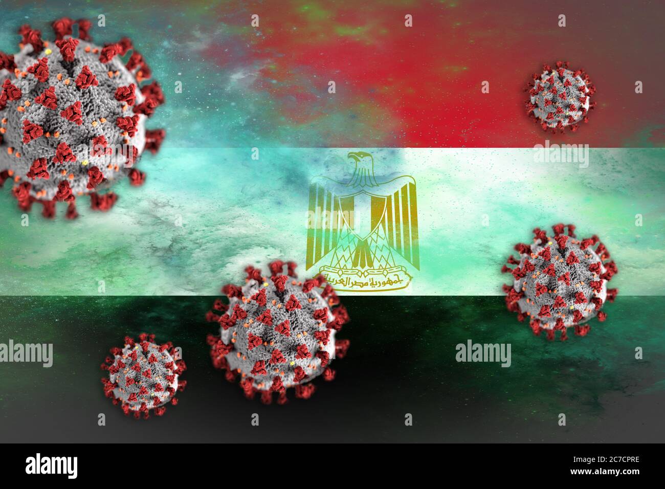 Concept of Coronavirus or Covid-19 particles overshadowing flag of Egypt symbolising outbreak. Stock Photo
