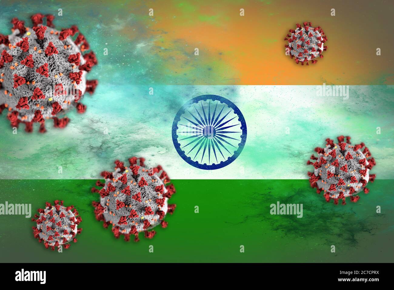 Concept of Coronavirus or Covid-19 particles overshadowing flag of India symbolising outbreak. Stock Photo