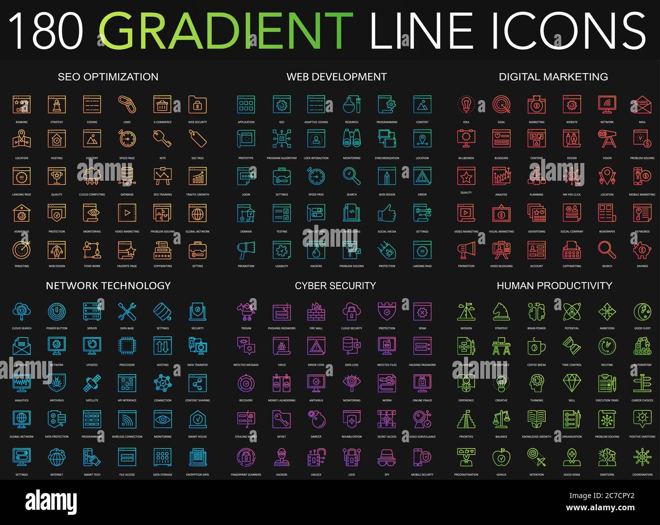 180 trendy gradient style thin line icons set of seo optimization, web development, digital marketing, network technology, cyber security, human productivity isolated on black background Stock Vector