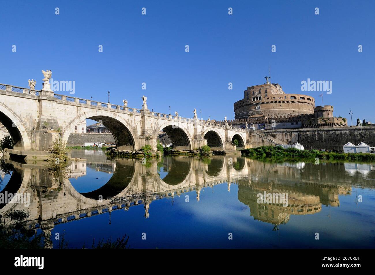 Bridge of Angels and Castel Sant'Angelo, reflection in the Tieber, Rome, Italy, Europe Stock Photo