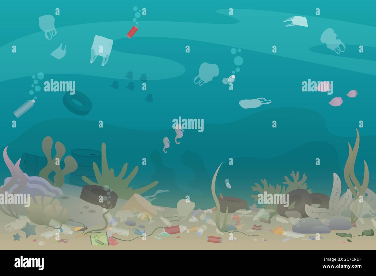 Plastic pollution trash under the sea with different kinds of garbage - plastic bottles, bags, wastes. Eco, water pollution concept. Garbage in the ocean flat vector illustration Stock Vector