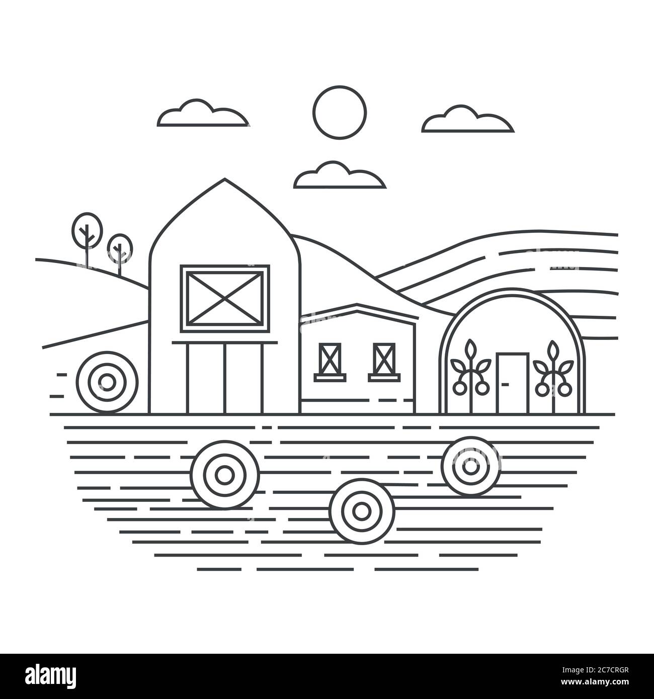 Agriculture farm in fields thin line concept logo template vector illustration Stock Vector