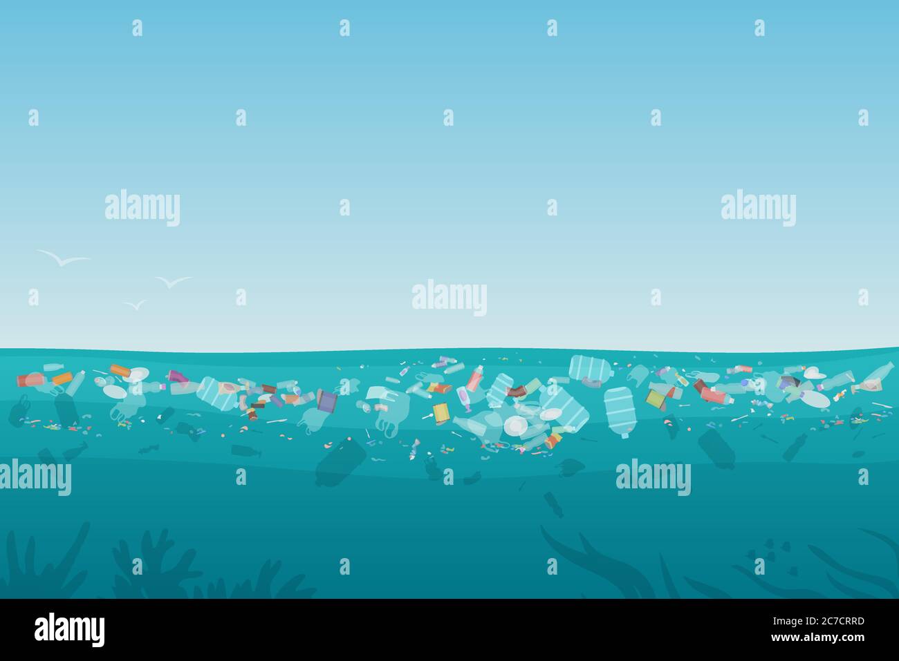 Plastic pollution trash on sea surface with different kinds of garbage - plastic bottles, bags, wastes floating in water. Sea ocean water pollution background concept vector illustration Stock Vector