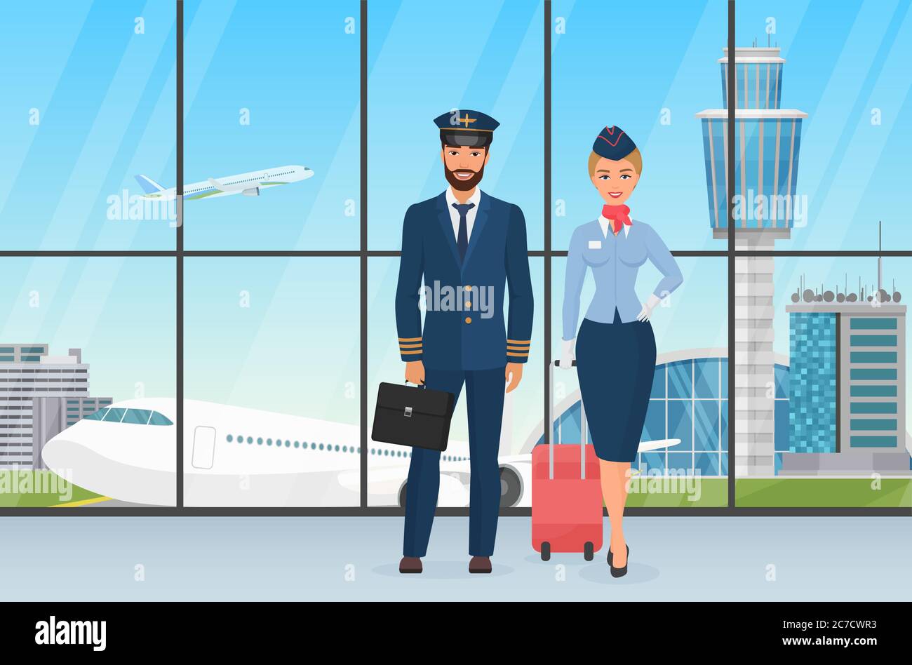 Smiling airport personal pilot and stewardess standing before the view on taking off plane and observation tower cartoon vector illustration Stock Vector