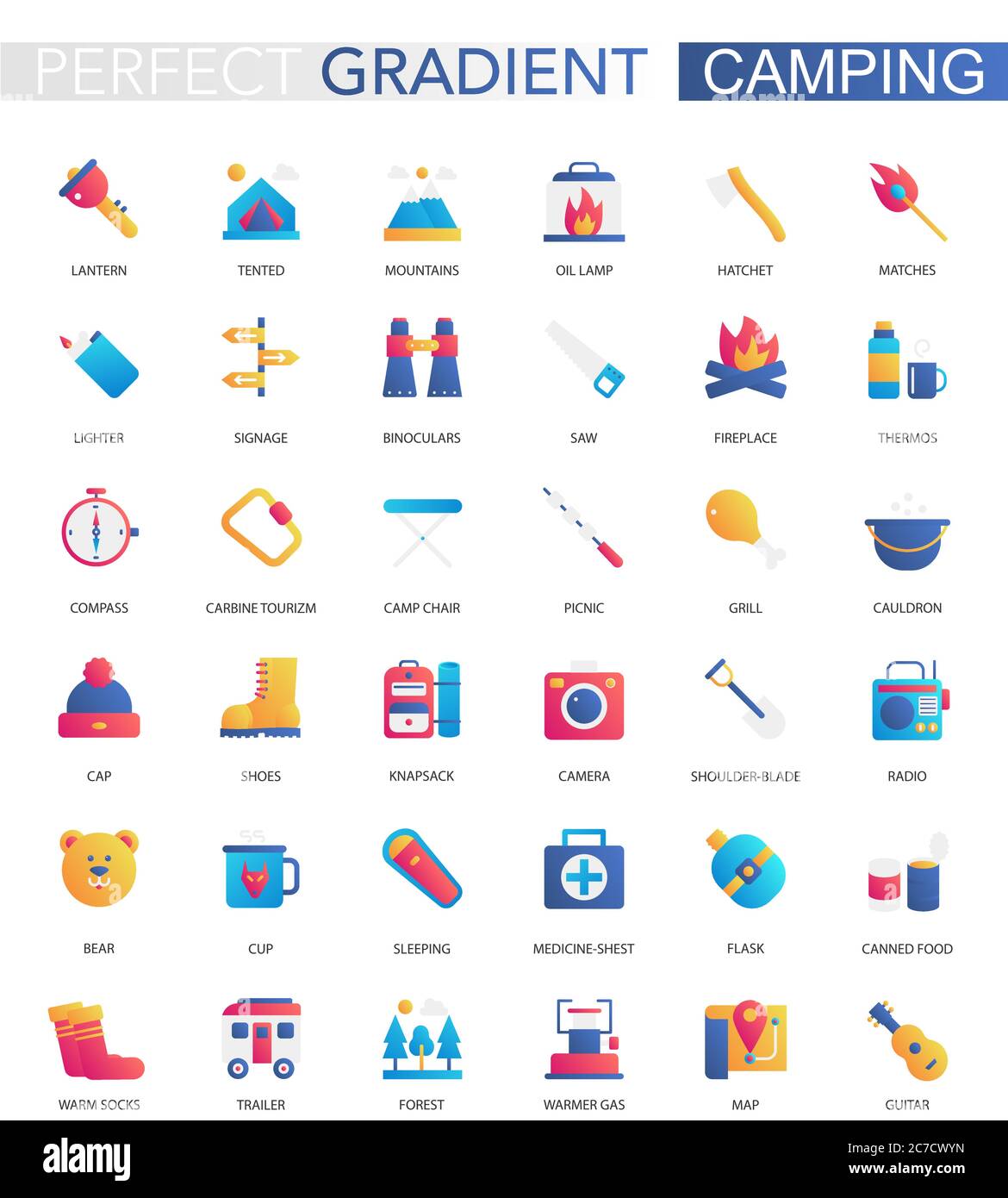 Vector set of trendy flat gradient summer camping icons Stock Vector ...