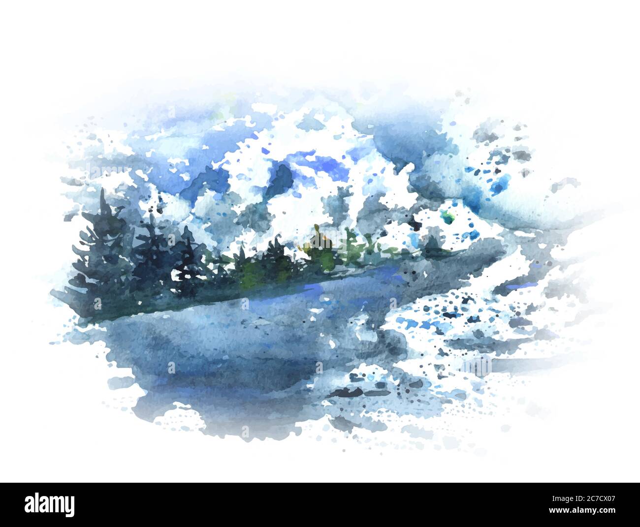 Winter landscape with river, forest and mountains. Watercolor landscape ...