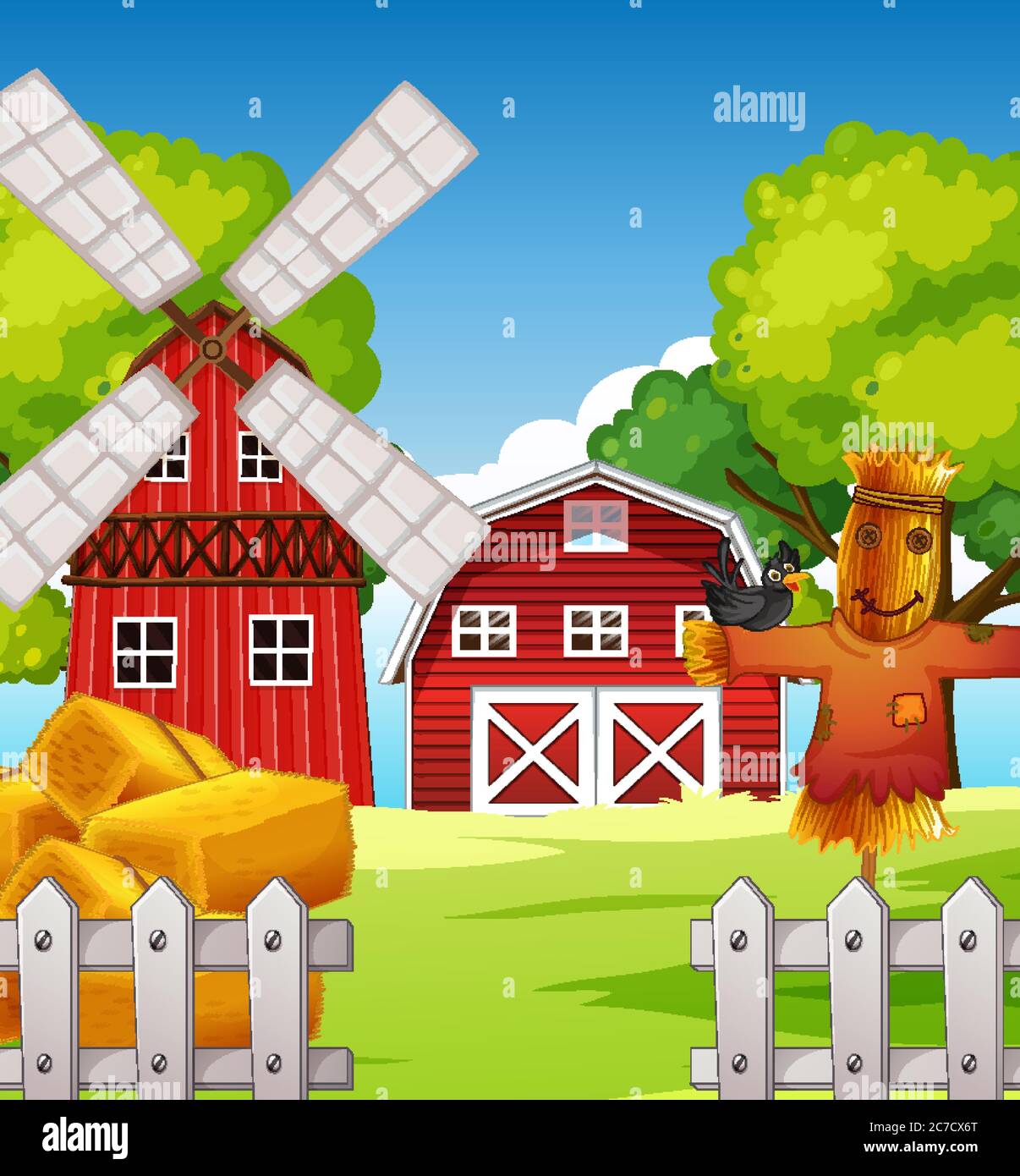 Farm scene in nature with barn and scarecrow and windmill illustration ...