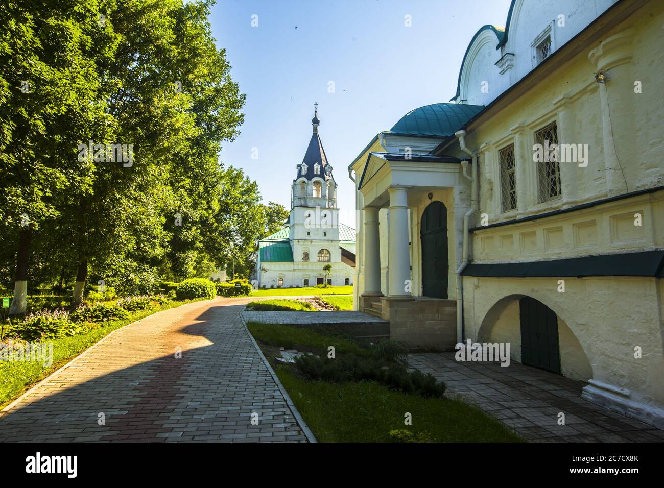 Beautiful shot of monastery near trees in the city of Alexandrov at Russia Stock Photo