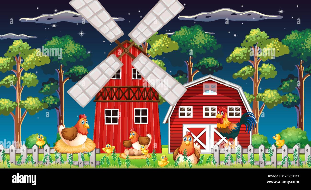 Farm scene with barn and windmill and chicken at night illustration ...