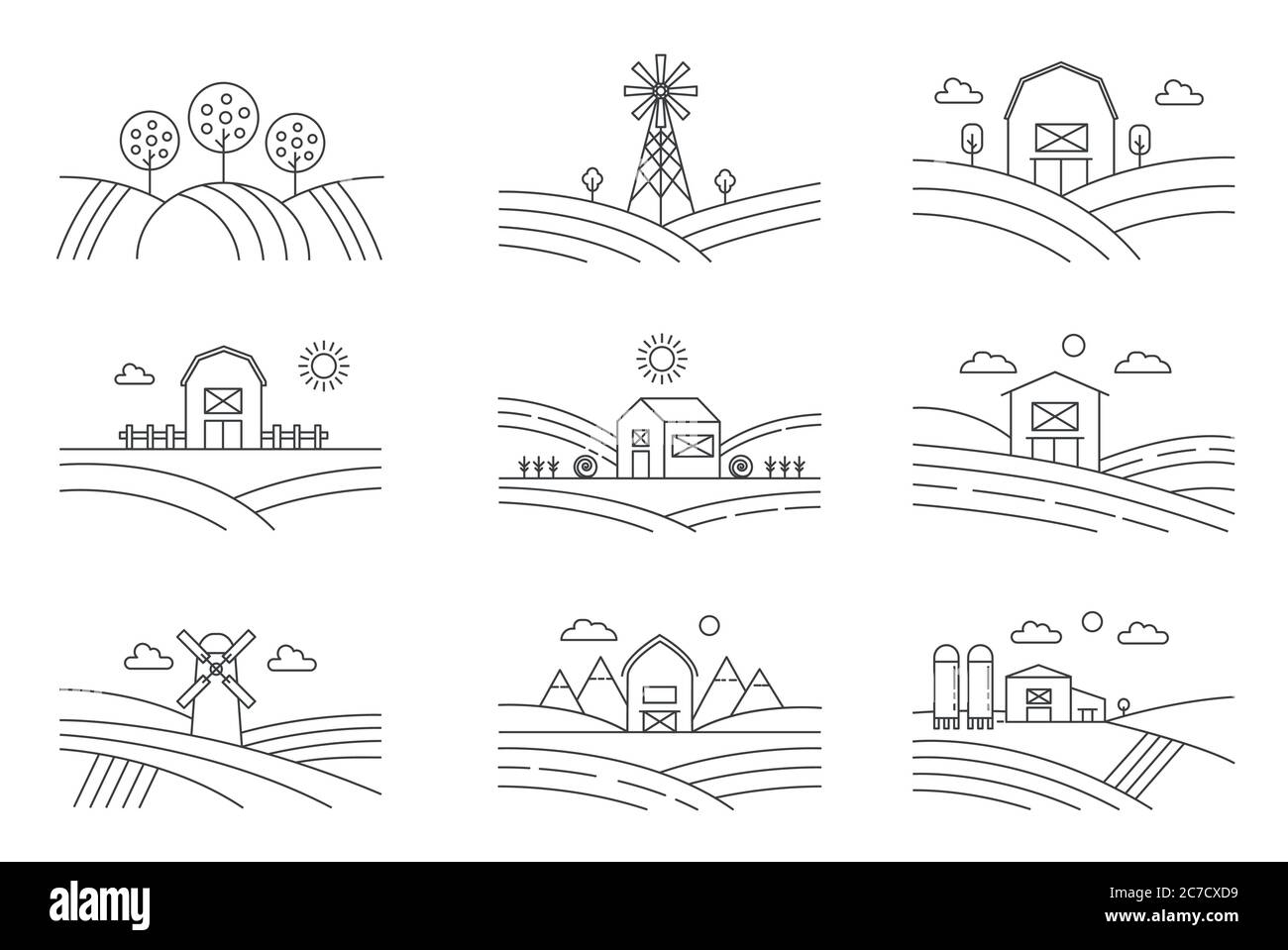 Set of different line eco farm landscapes isolated on white background. Rural landscape with windmill, silage tower, trees. Linear style vector illustration Stock Vector