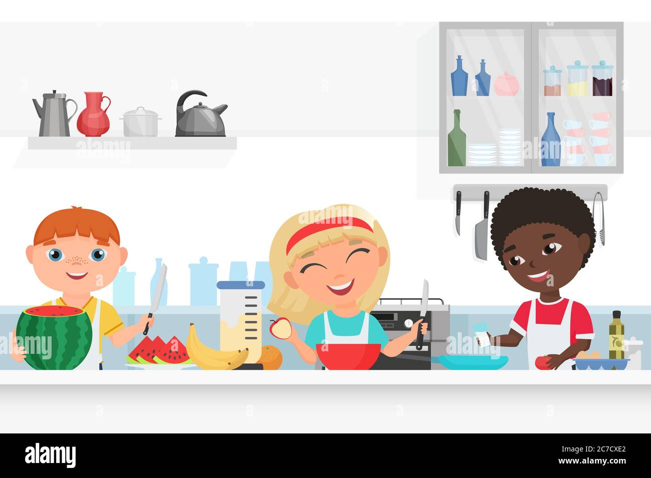 Cute Boy and Girl kids chef cooking in the kitchen vector illustration. Stock Vector