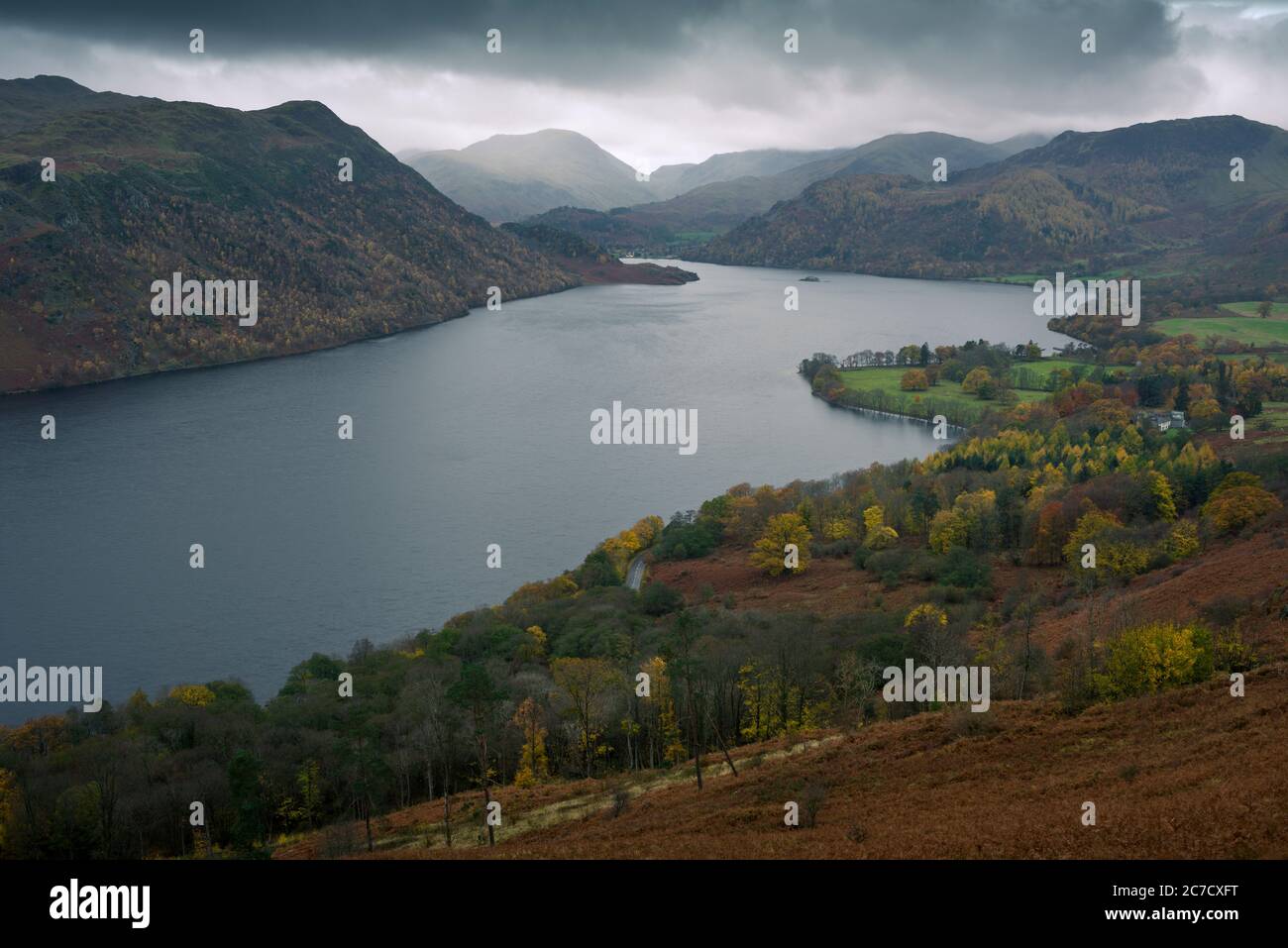 Ullswater lake from Gowbarrow Fell in the Lake District National Park ...