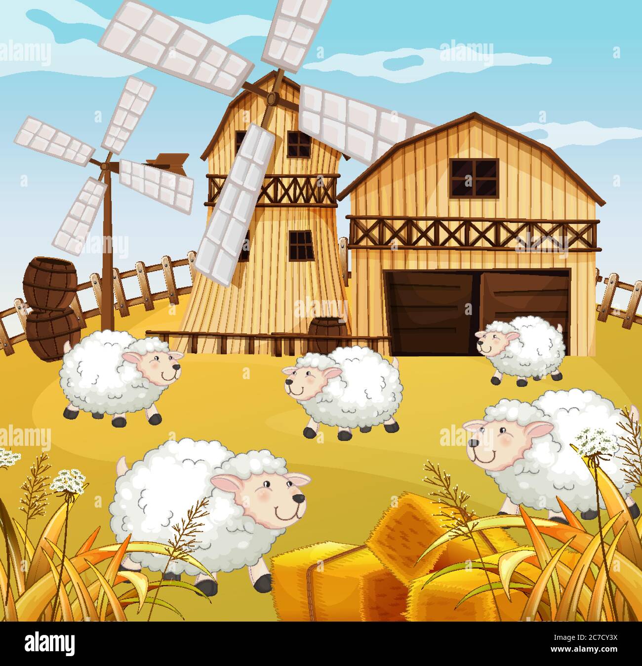 Farm scene in nature with barn and windmill and sheeps illustration ...