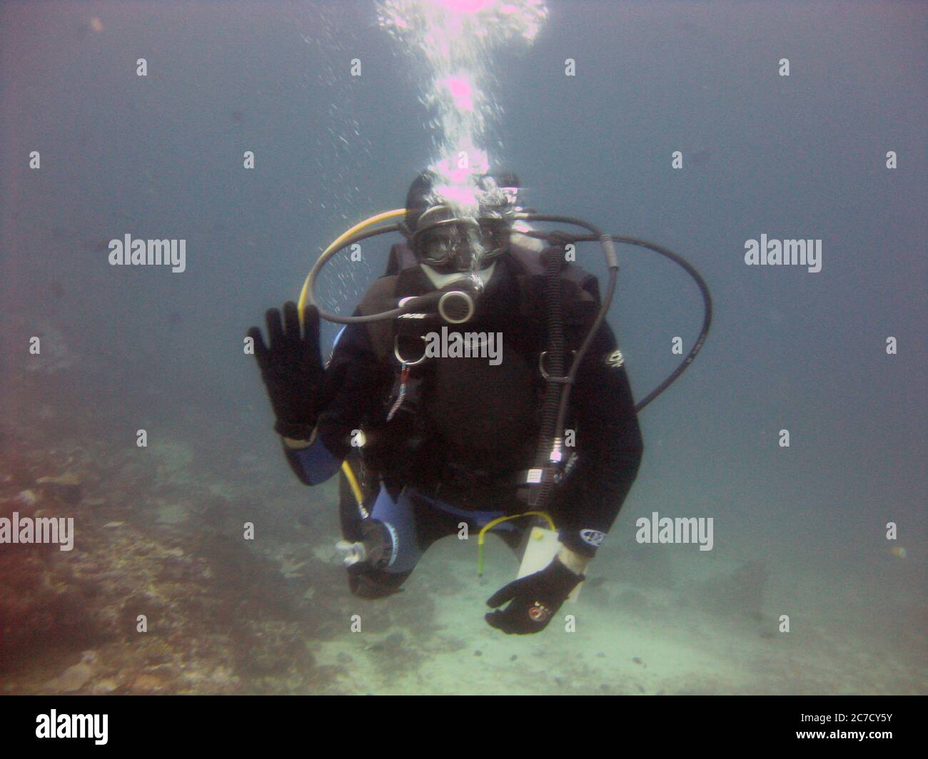 Wide shot of a scuba diver wearing diving suit, fins and equipment