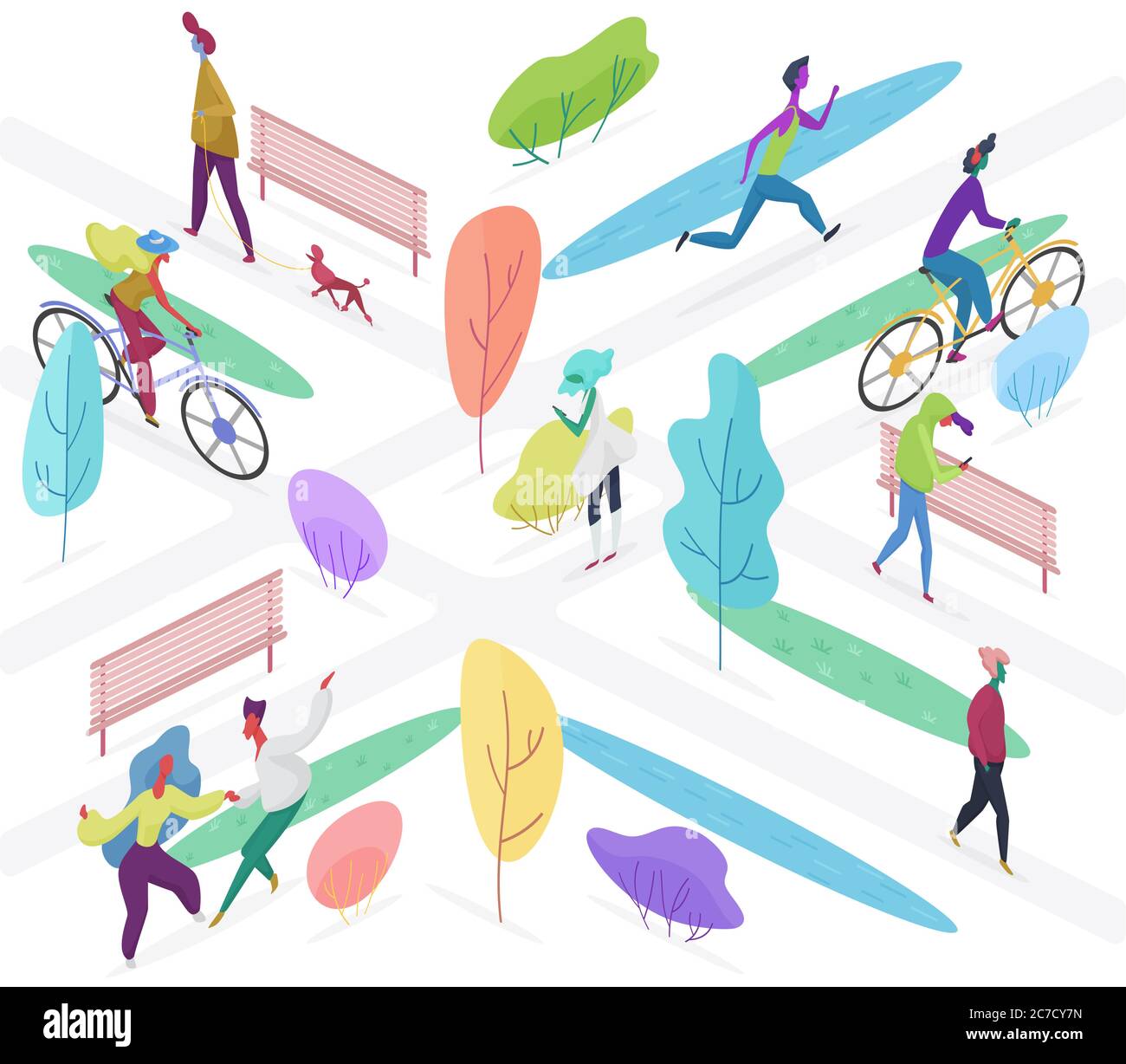 Isomeric people outdoor activity in public park. Walking with dog, riding bicycle and walking alone vector illustration Stock Vector