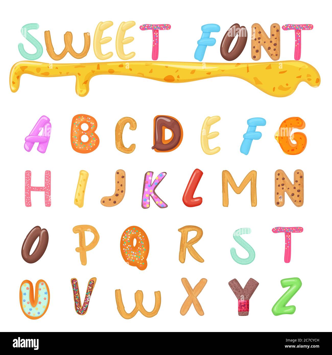 Sweets, cookies and bakery font design. Kids style funny alphabet letters Stock Vector