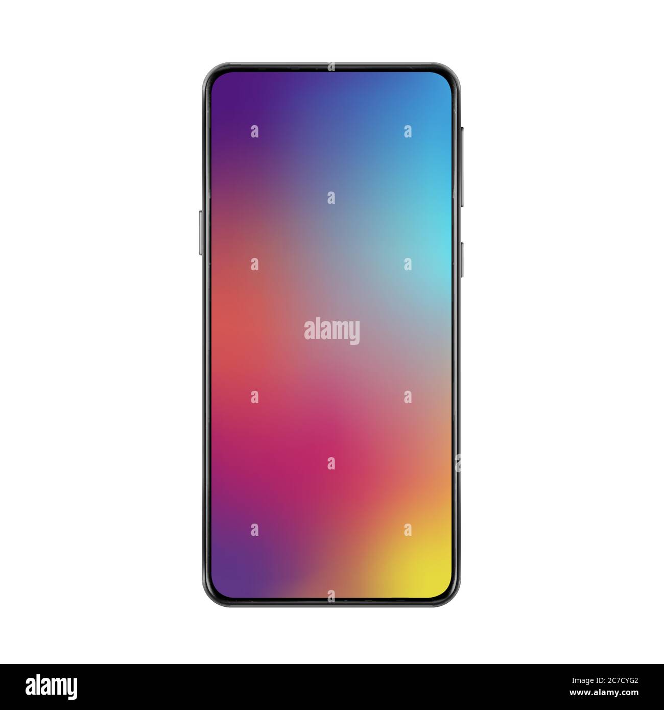 New version of black slim full frameless realistic vector smartphone with modern gradient mesh wallpaper Stock Vector