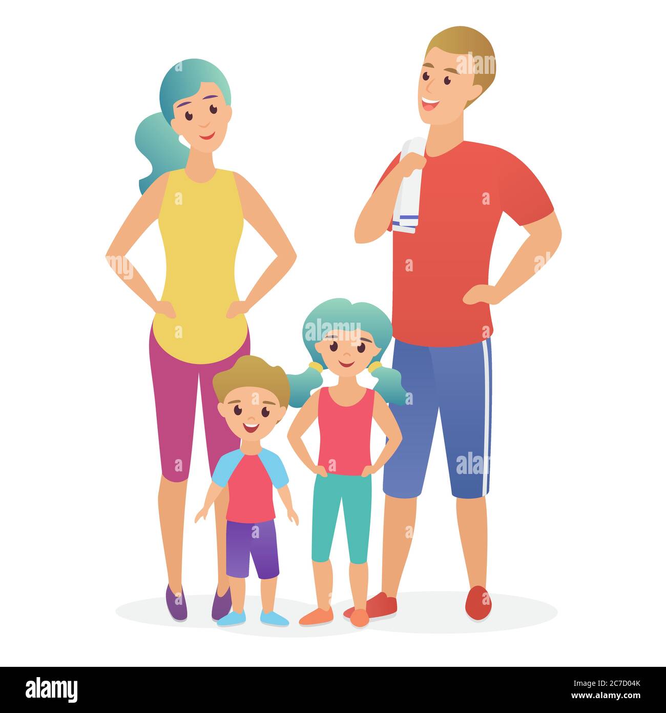 Sport fitness family. Dad, mother, son and daughter lead a healthy lifestyle flat vector illustration Stock Vector