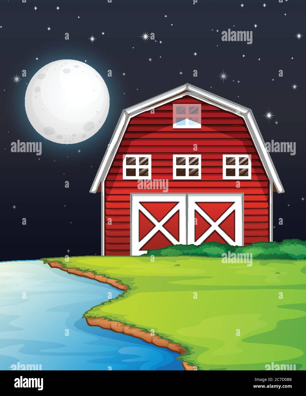 Farm scene with barn and river side at night illustration Stock Vector ...