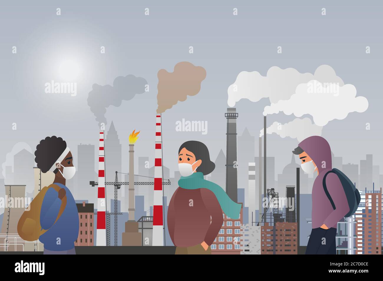 Young sad male and female people wear protecting masks suffering from manufacture pipes air polluting in the city. Industrial smog, fine dust, air pollution, pollutant gas emission Stock Vector