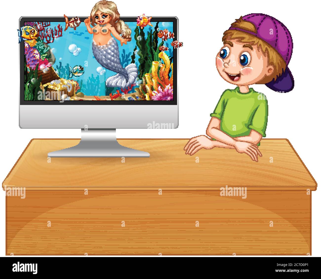 Boy next to computer with mermaid screen illustration Stock Vector ...