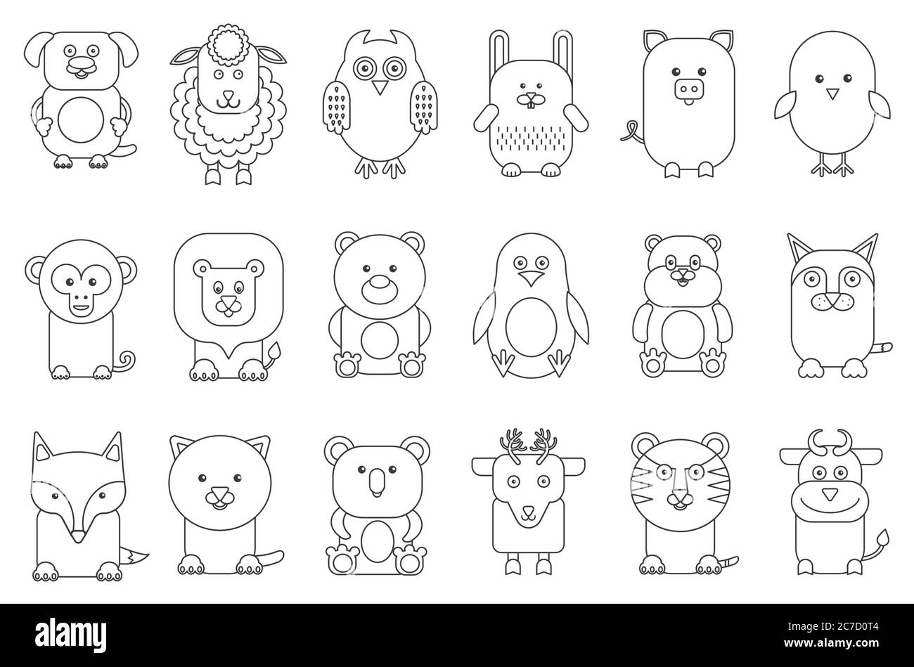 Black outline various adorable cartoon animals mammals and birds set vector illustration Stock Vector