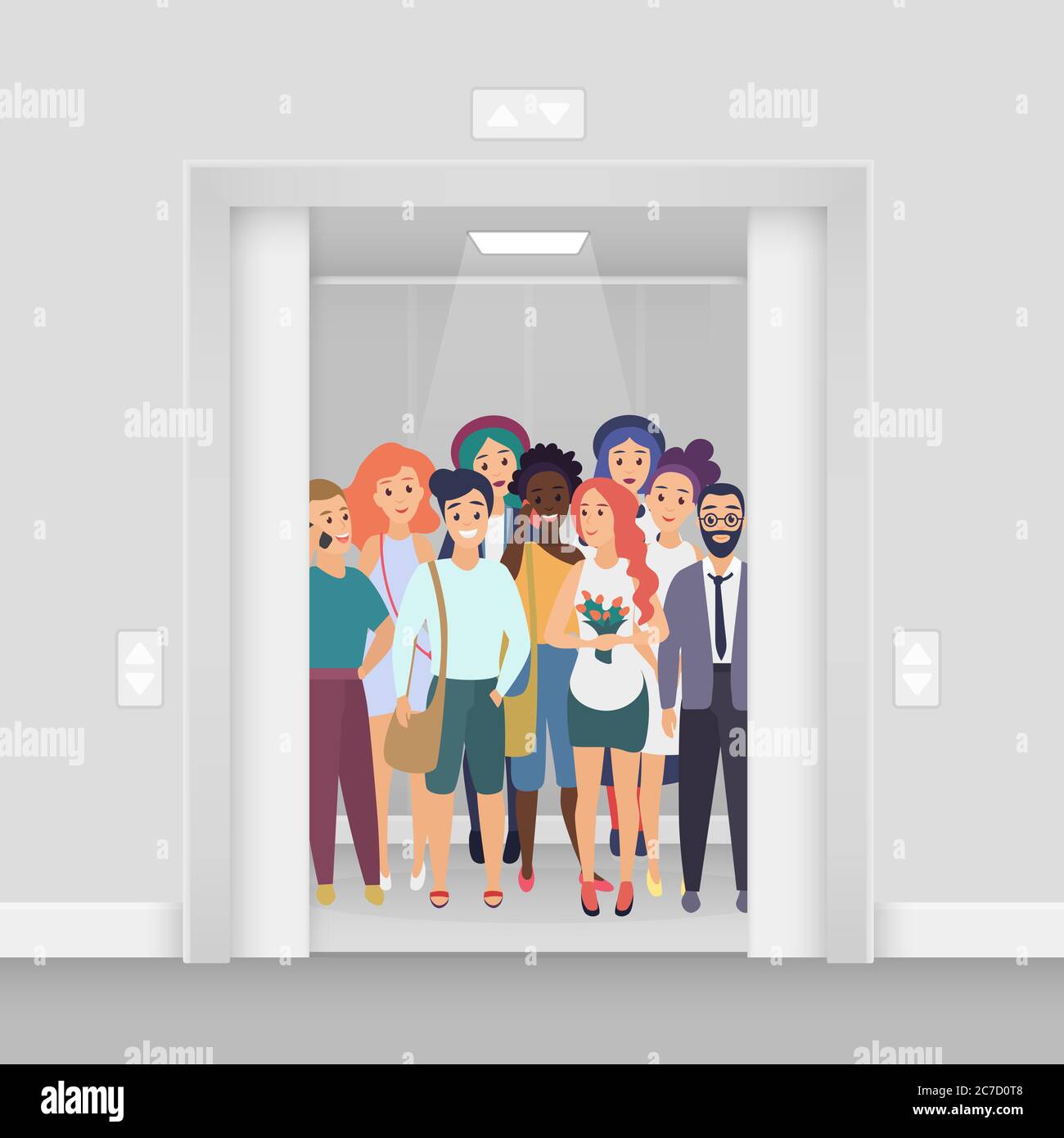 Group of young smiling people with phones, bags, flowers in the bright lighted modern crowded elevator with open doors vector illustration Stock Vector