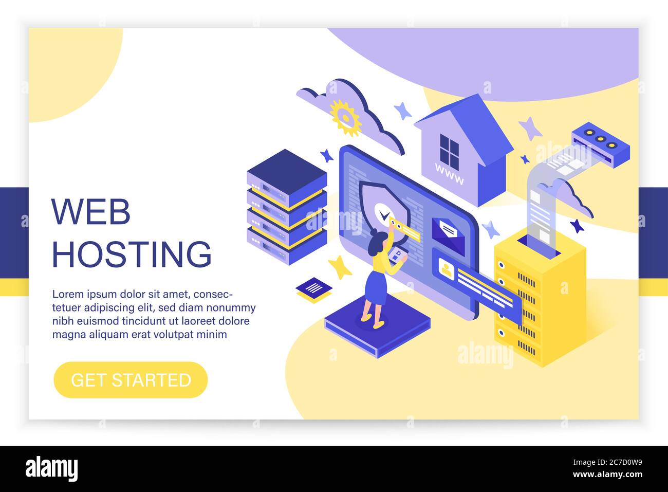 Web hosting, cloud storage computing, big data, internet and blockchain server concept 3d isometric infographics vector illustration. People interacting with virtual screen charts Stock Vector